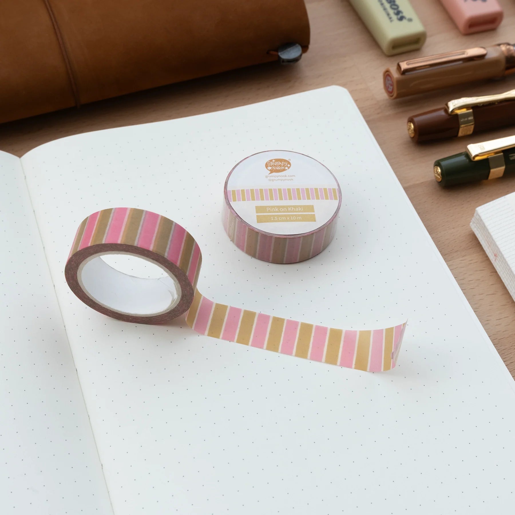 Pink on Khaki Washi Tape: Case of 10